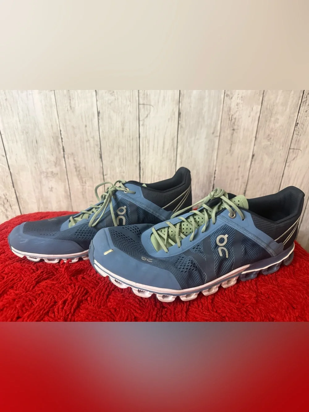 ON Cloudflow Running Shoes Mens 12.5 Blue Green Stripe Athletic Sneakers